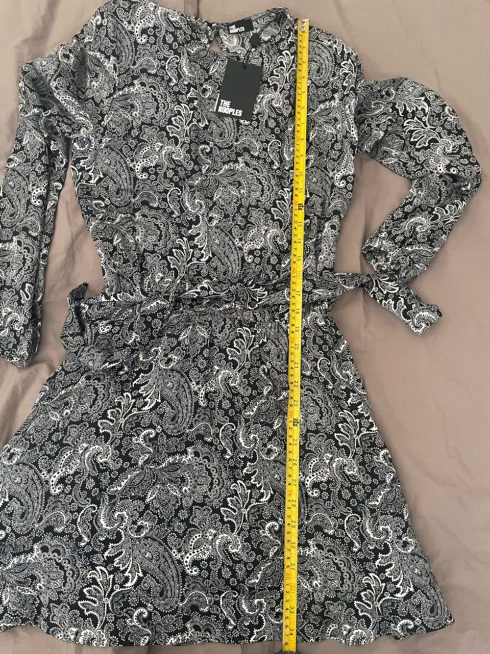 The Kooples Paisley Mini Dress Black White Tie Waist Long Sleeve NWT FR M / US S - Picture 4 of 12